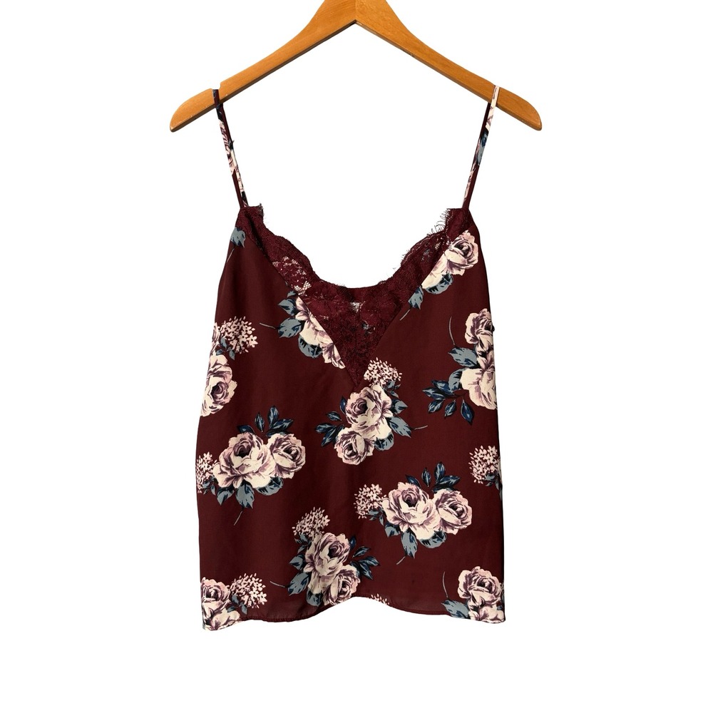Socialite Floral Lace Trim Cami Tank Top Size Large Burgundy Polyester